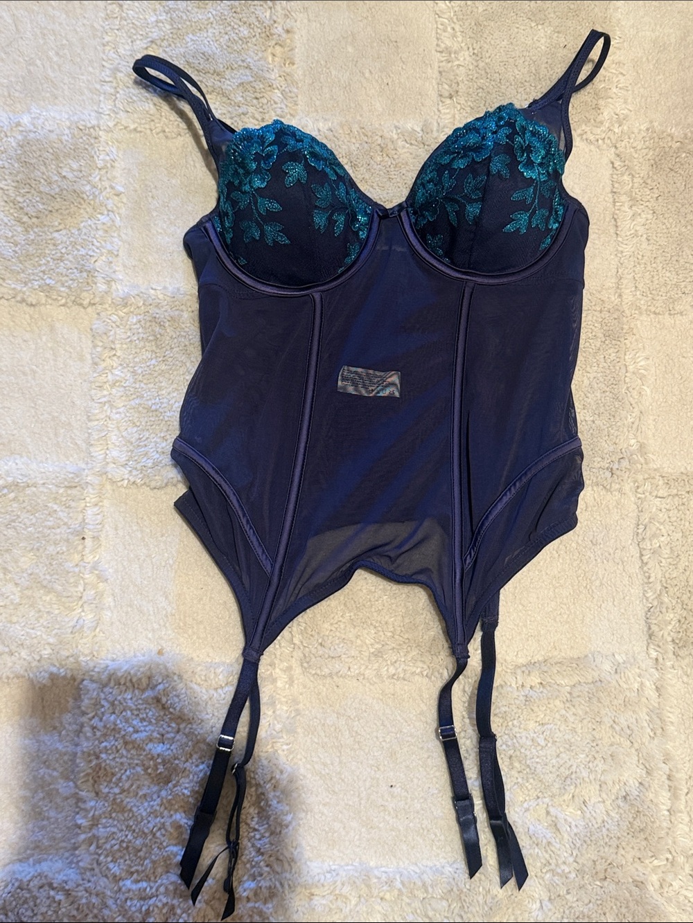 Maidenform Navy Bustier Bodysuit with Teal Lace